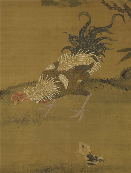 元人畫花下將雛　軸