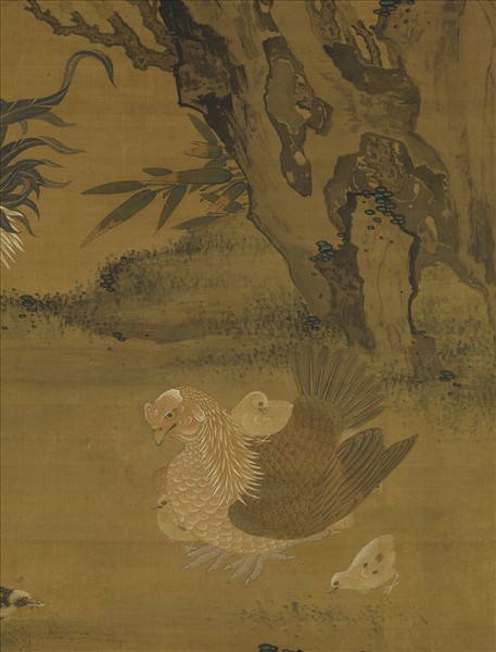 元人畫花下將雛　軸