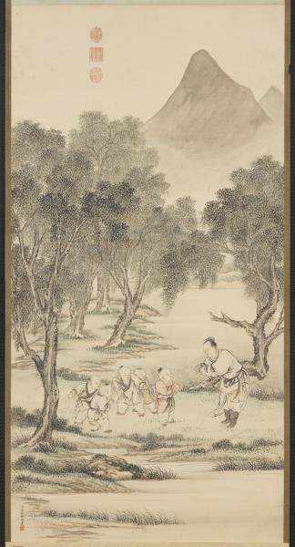 清金廷標畫柳陰童戲　軸