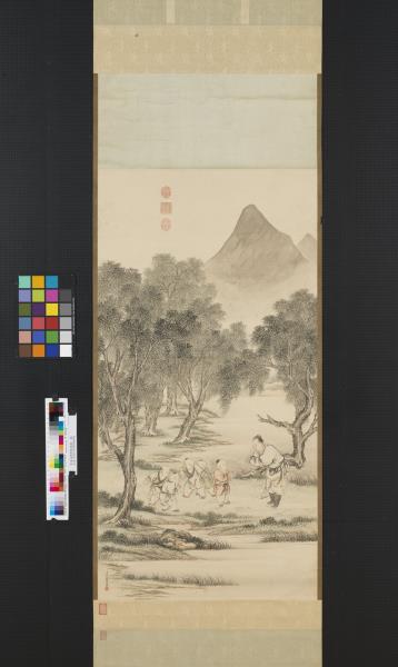 清金廷標畫柳陰童戲　軸