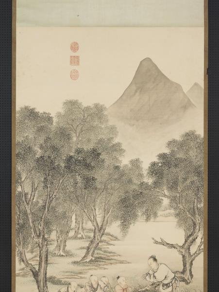 清金廷標畫柳陰童戲　軸