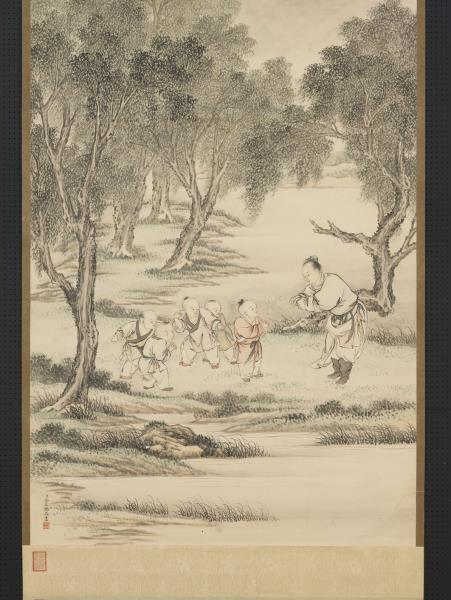 清金廷標畫柳陰童戲　軸