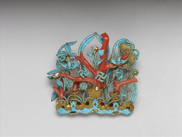 鑲珊瑚蘭花面簪