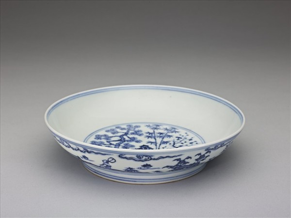 青花三友仕女蕉葉題詩圖盤