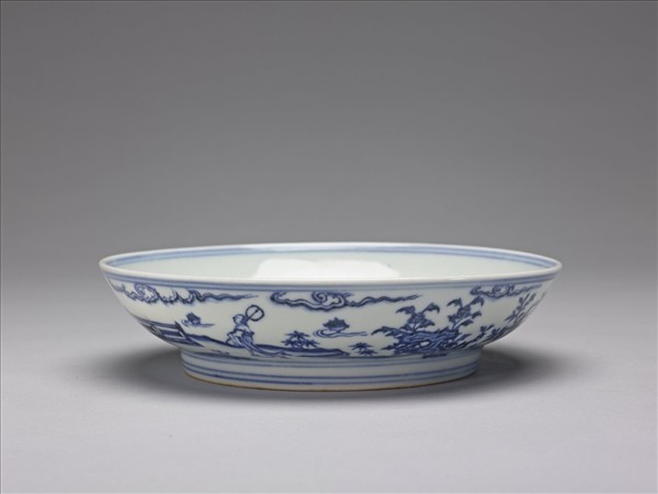 青花三友仕女蕉葉題詩圖盤