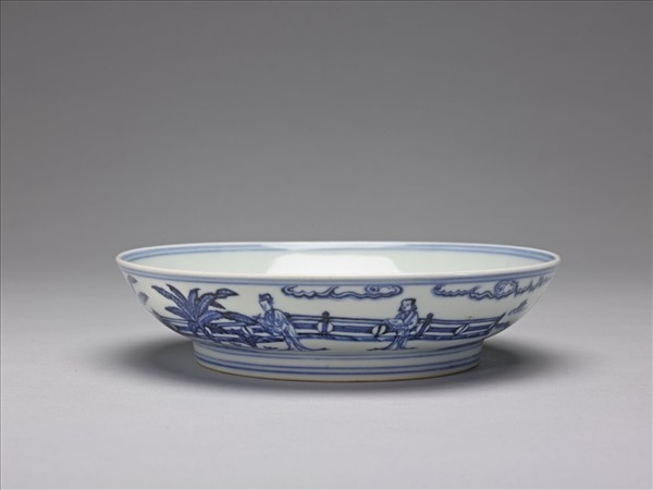 青花三友仕女蕉葉題詩圖盤