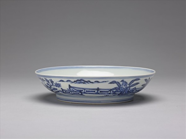 青花三友仕女蕉葉題詩圖盤