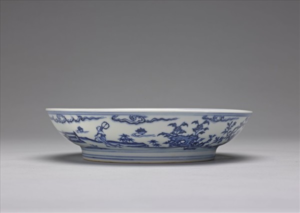 青花三友仕女蕉葉題詩圖盤