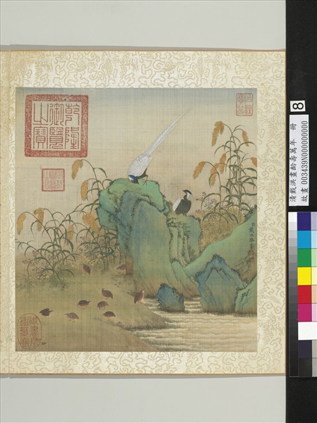 清戴洪畫齡壽樂孝　冊　鵪鶉花石