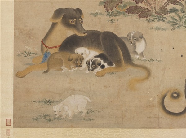 無款花陰臥犬　軸