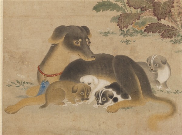 無款花陰臥犬　軸