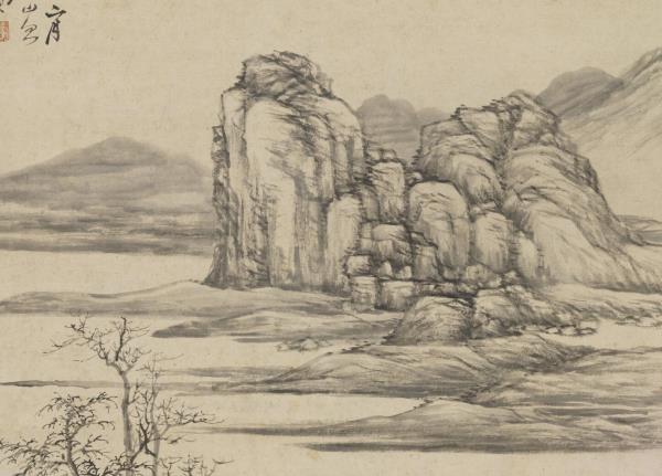 元倪瓚畫山樹　軸