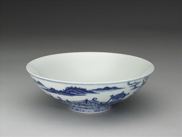青花山水仕女圖碗