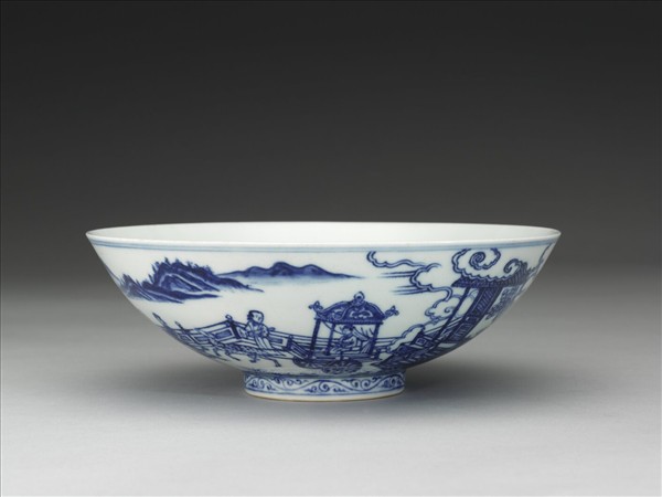 青花山水仕女圖碗