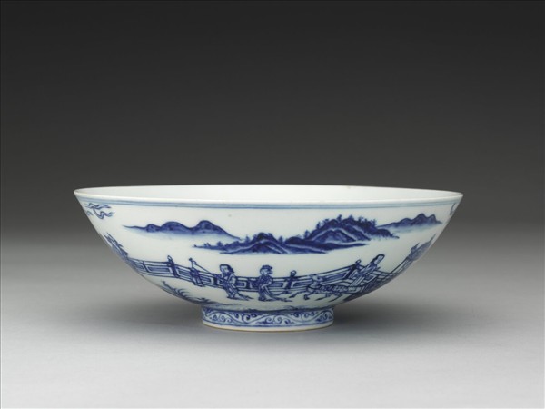 青花山水仕女圖碗
