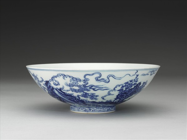 青花山水仕女圖碗