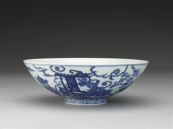 青花山水仕女圖碗