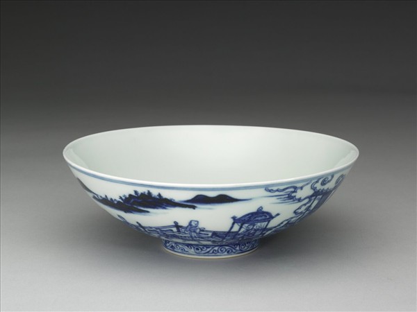 青花山水仕女圖碗