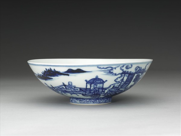 青花山水仕女圖碗