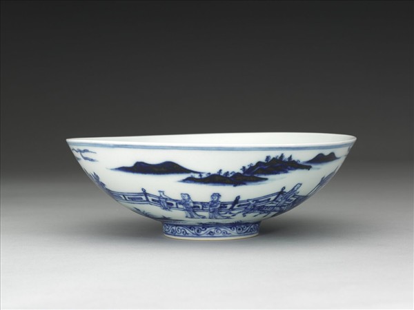 青花山水仕女圖碗