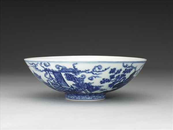 青花山水仕女圖碗