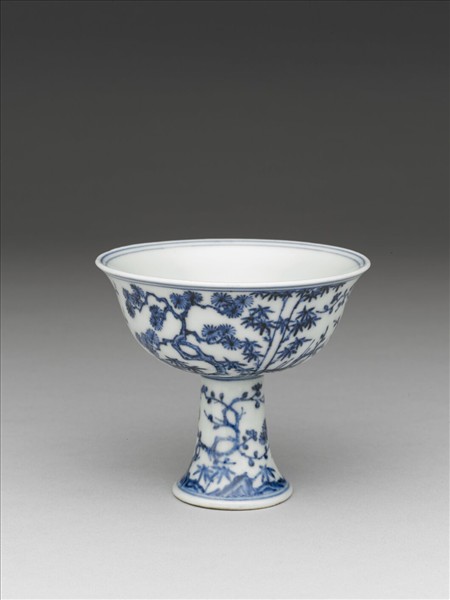 青花歲寒三友圖高足碗