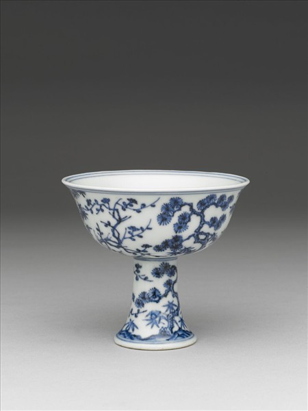 青花歲寒三友圖高足碗