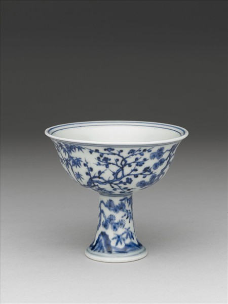 青花歲寒三友圖高足碗