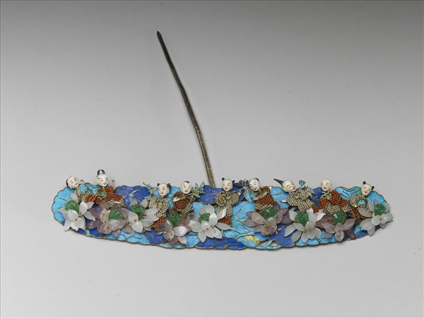 銀鍍金點翠嵌玻璃米珠嬰戲簪