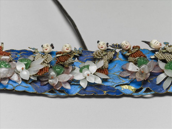 銀鍍金點翠嵌玻璃米珠嬰戲簪