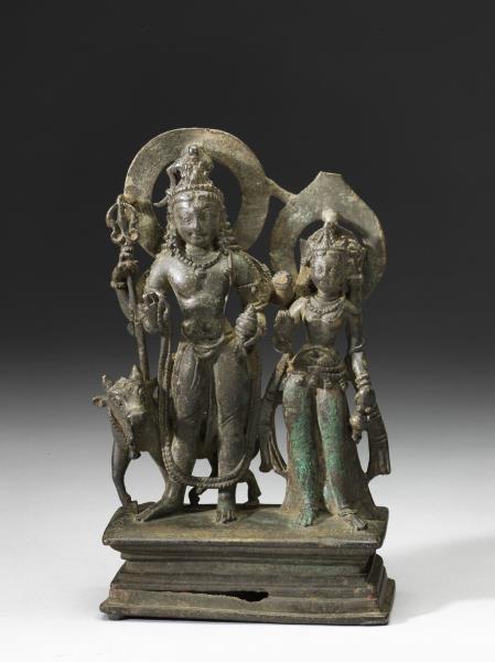 青銅鎏金烏瑪—大自在天及聖牛難提立像