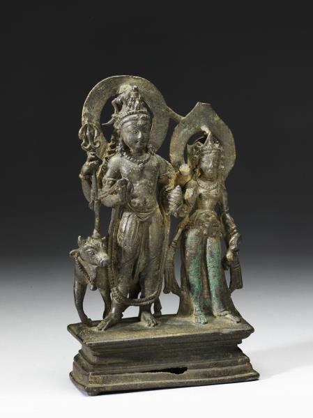 青銅鎏金烏瑪—大自在天及聖牛難提立像