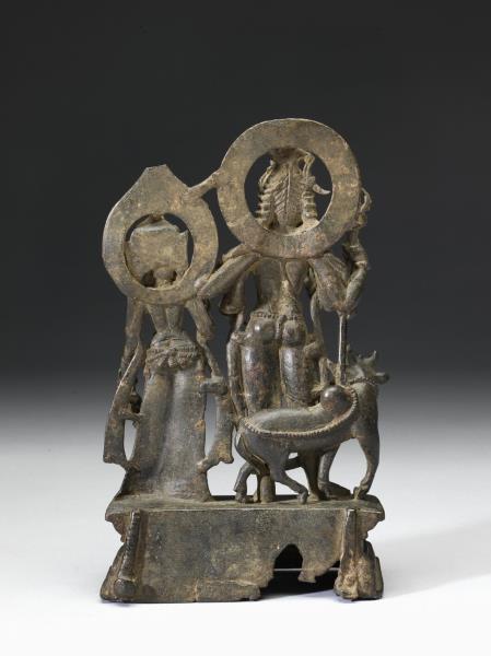 青銅鎏金烏瑪—大自在天及聖牛難提立像