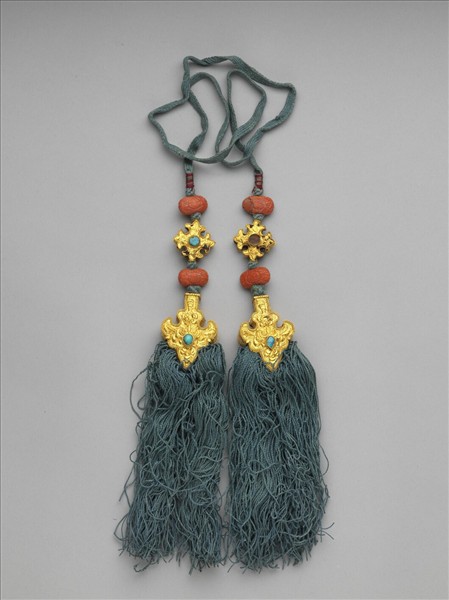 穿金鑲珊瑚松石綠線穗（一副）