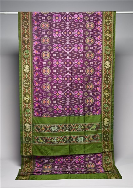 印度 綠地紫花紋雙向伊卡紗麗