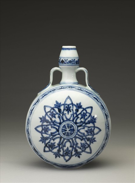 青花幾何花卉葫蘆扁壺