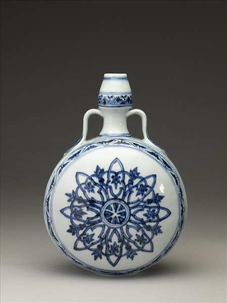 青花幾何花卉葫蘆扁壺
