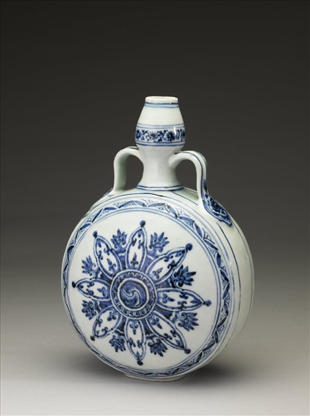 青花幾何花卉紋葫蘆扁壺