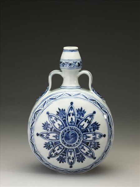 青花幾何花卉紋葫蘆扁壺