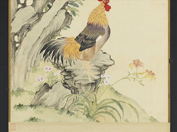 清鄒一桂橅宋苑畫榴下雄雞圖　軸