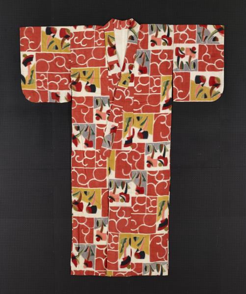 日本 紅地幾何抽象紋銘仙和服