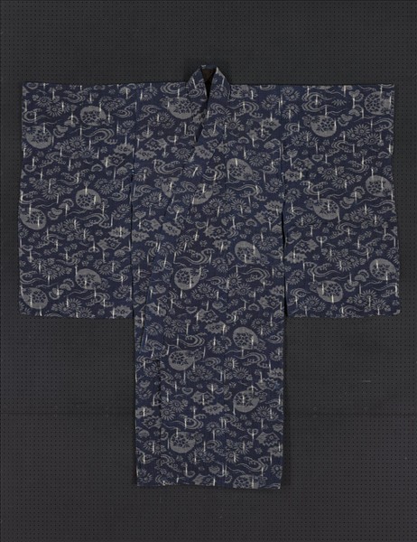 日本 紺地團扇流水菊花絣織童服