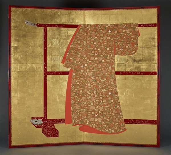 日本 朱地松竹龜鶴雜寶紋刺繡小袖屏風