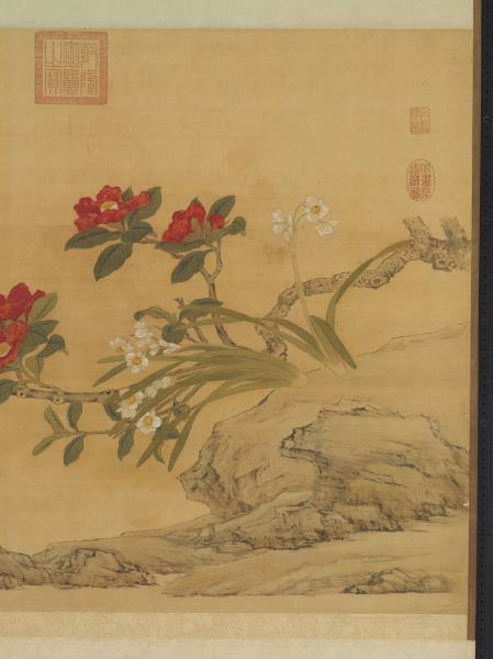 明張宏倣陸治茶花水仙　軸