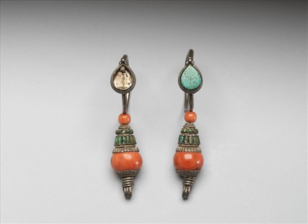 銀嵌珊瑚松石耳環（一對）