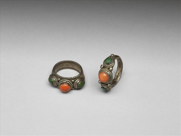 銀嵌珊瑚松石戒指