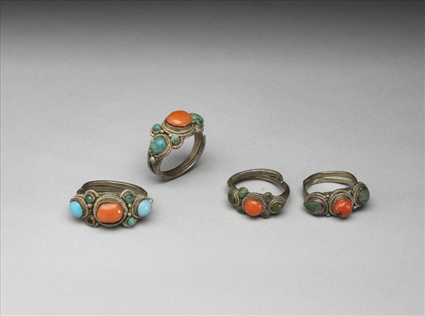 銀嵌珊瑚松石戒指