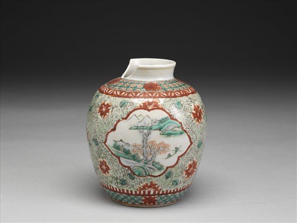 五彩山水花卉紋蓋罐