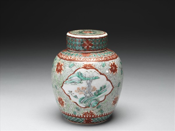 五彩山水花卉紋蓋罐