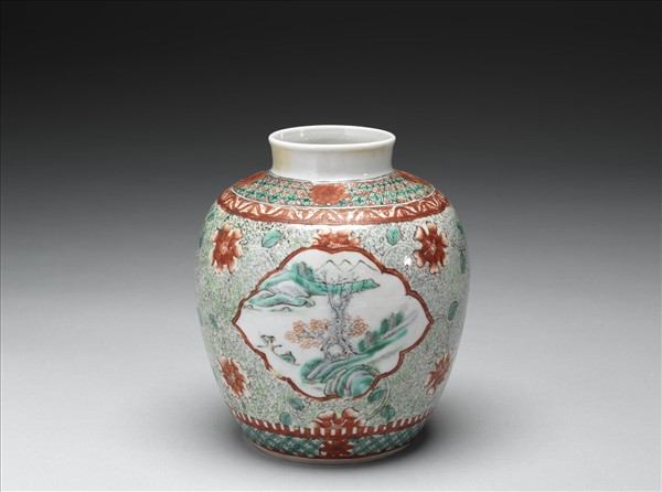 五彩山水花卉紋蓋罐